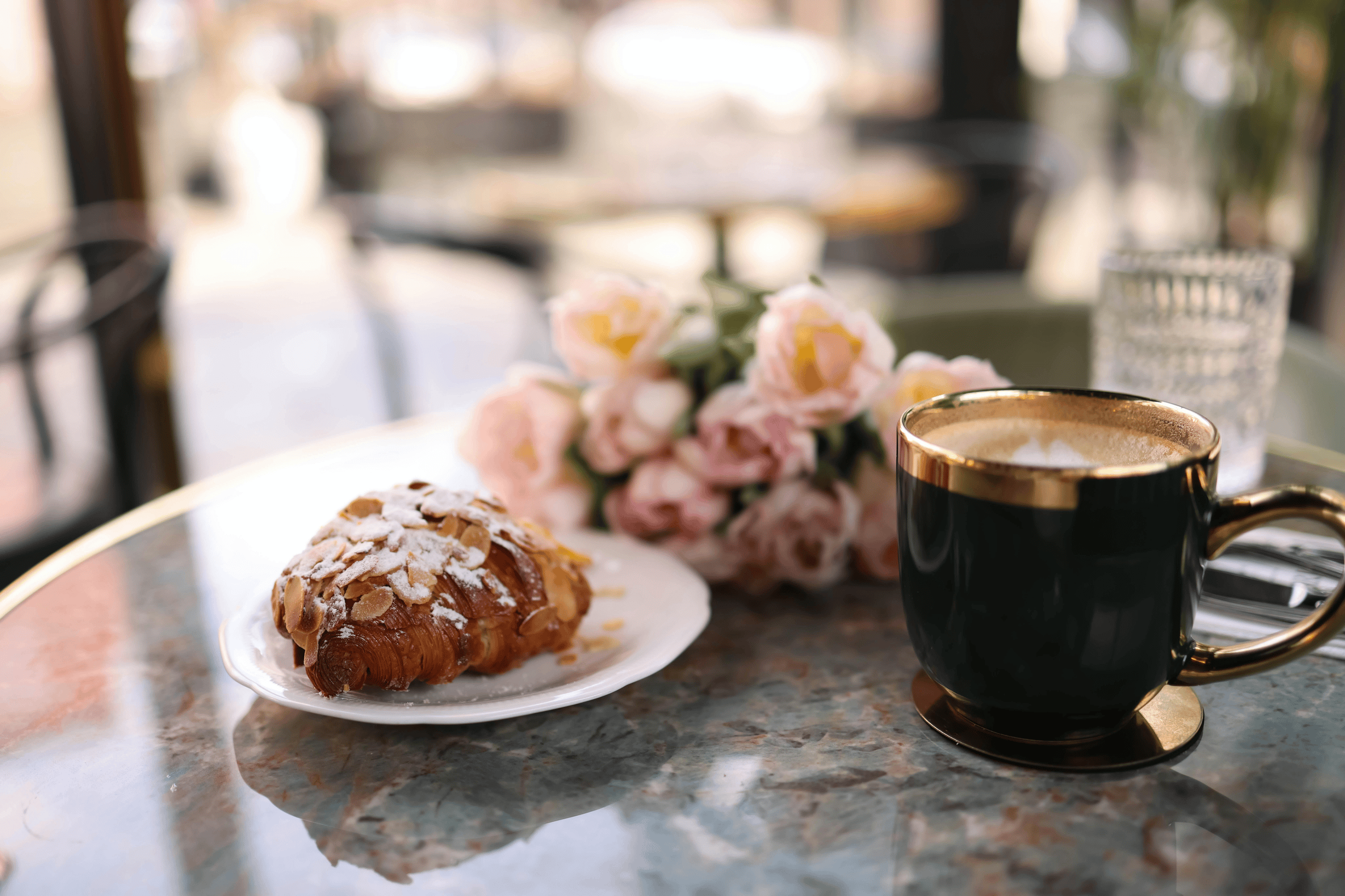Bouquet and coffee on a table